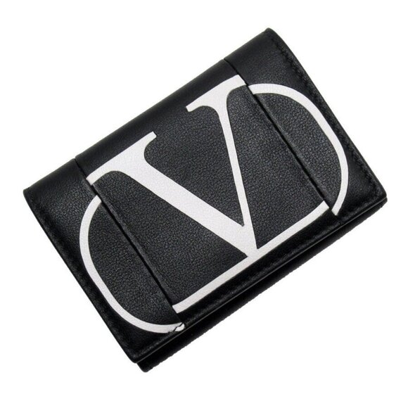 Authentic Valentino Garavani Tri-fold wallet Black x white leather t19250g